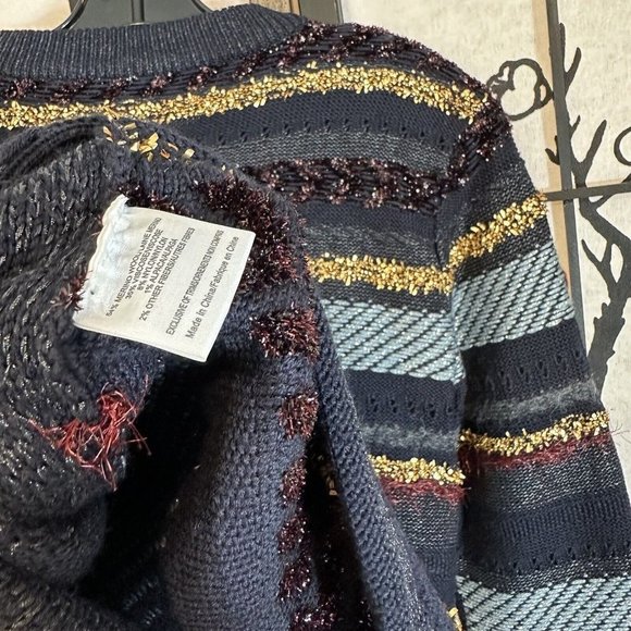 Tory Burch Sweater Stripe Metallic Merino Wool Alpaca Blend Danielle Navy Thick - Picture 8 of 11